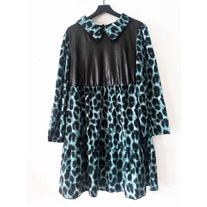 Kara & Kate Green Leopard Faux Leather Collar Mini Dress NWT